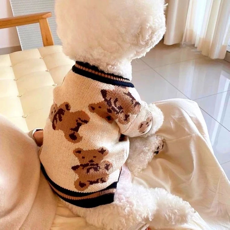 FanzyMarket striped cotton cardigan sweater for small dogs and cats, beige warm pet coat for Chihuahua, puppy, or kitten, XS to XL