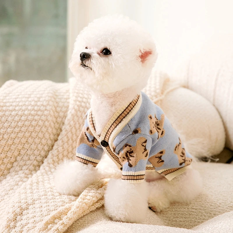 FanzyMarket striped beige cotton cardigan sweater for small dogs and cats, warm pet coat for Chihuahua, puppy, or kitten.