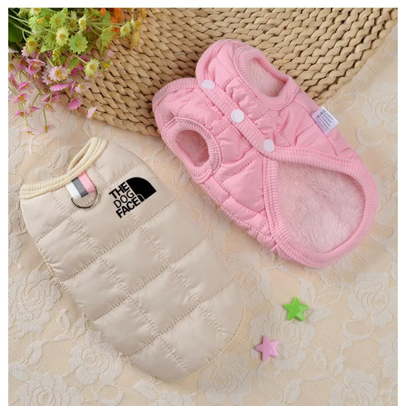 Beige winter warm dog coat with 3D face logo for Chihuahua and French Bulldog, stylish pet jacket from FanzyMarket.
