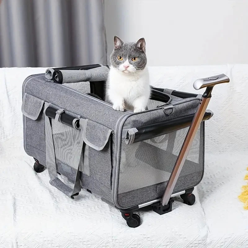 Black extra-large foldable pet trolley carrier for dogs and cats, detachable travel bag, 44x60x39 cm, sturdy pet travel accessory.