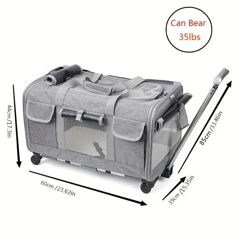 Black extra large foldable pet trolley carrier for dogs and cats, detachable travel bag, 44x60x39 cm.