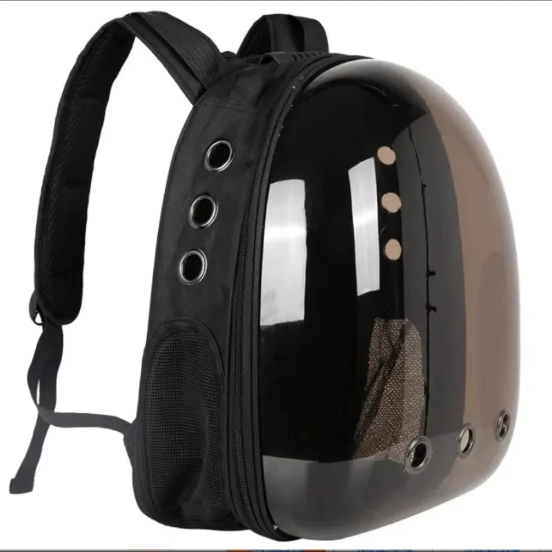 Black portable space capsule cat backpack carrier with breathable ventilation for comfortable pet travel by FanzyMarket.