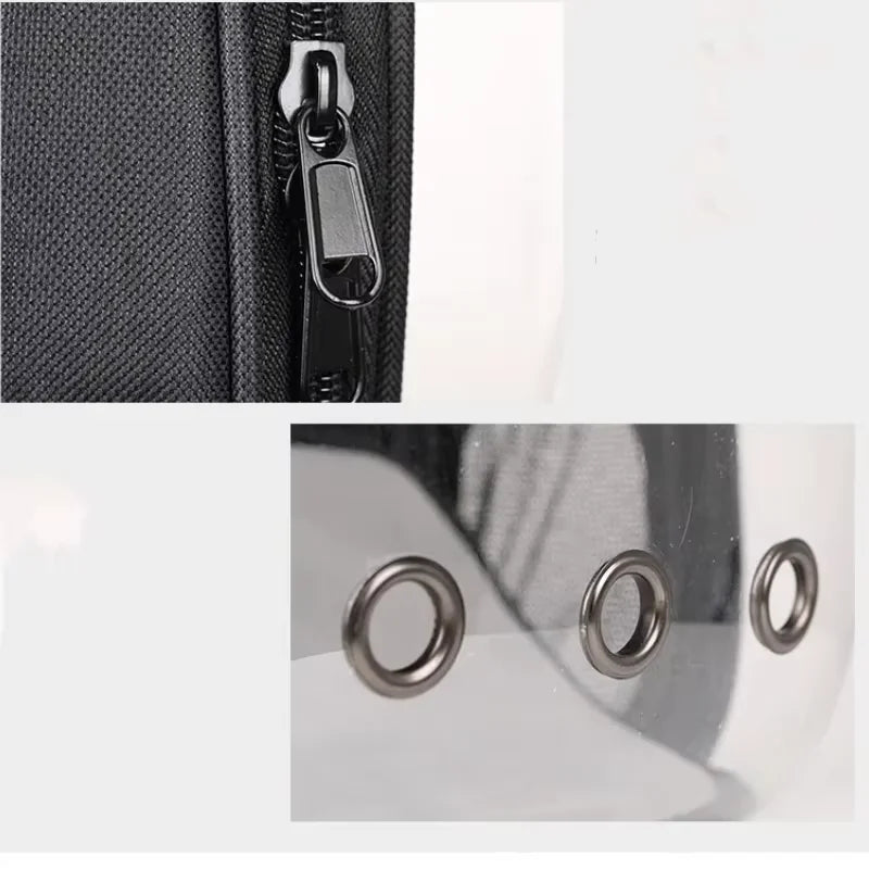 Black portable space capsule cat backpack carrier by FanzyMarket, breathable and ventilated pet travel bag for comfortable transportation.