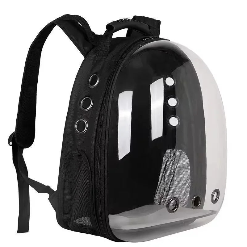Black portable space capsule cat backpack carrier with breathable, ventilated design for comfortable pet travel.