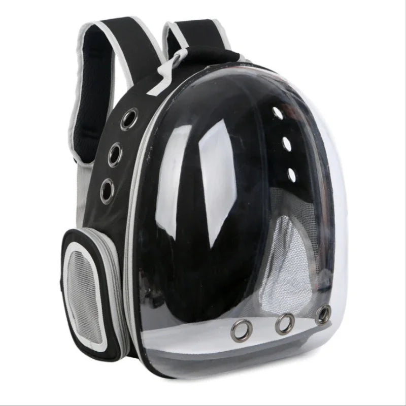 Transparent Bubble Pet Backpack by FanzyMarket for cats and small dogs, with PVC window, side mesh, and zipper closure.