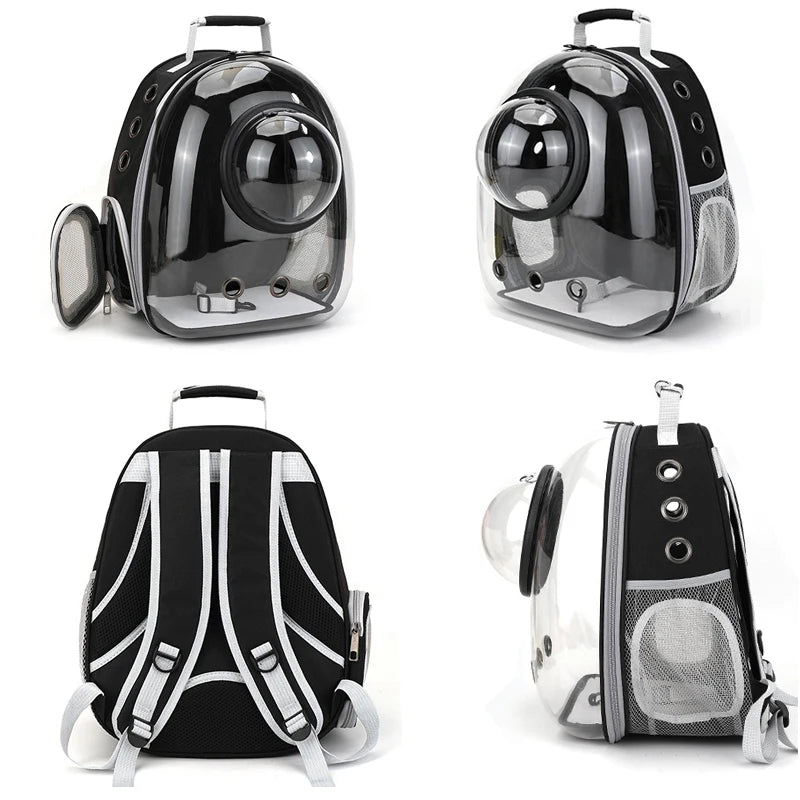 Transparent bubble pet backpack carrier by FanzyMarket showing space capsule design, ventilation, side pocket for cats and small dogs.