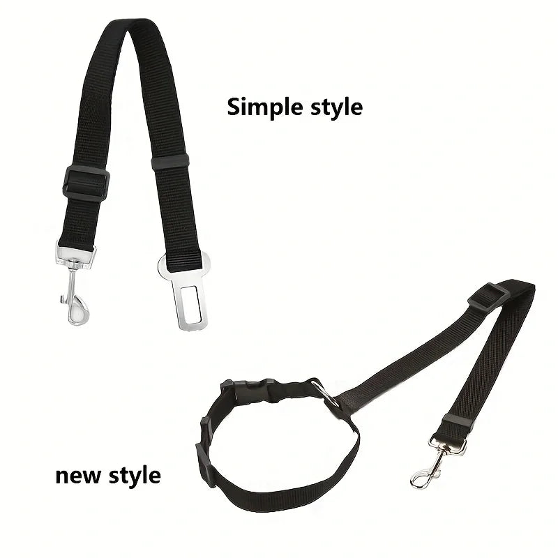 Black two-in-one nylon dog car seat belt and harness by FanzyMarket, adjustable for backseat safety during car travel.