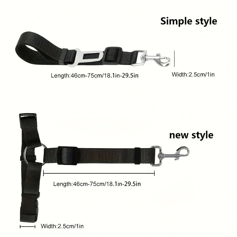 Black FanzyMarket two-in-one pet car seat belt and harness, adjustable nylon leash for backseat safety and secure dog travel.