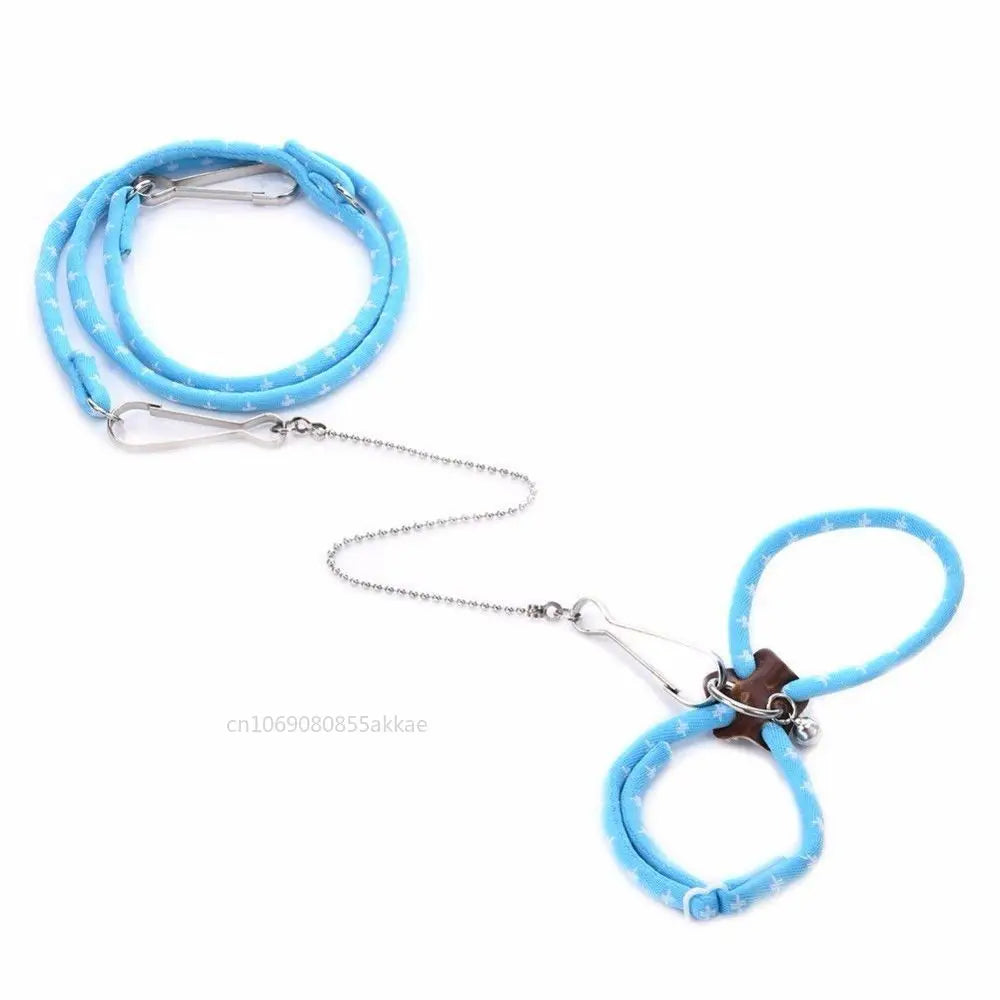 Blue adjustable small pet harness and leash for hamsters, rats, and mice, made of nylon with a bell and breakaway safety design.