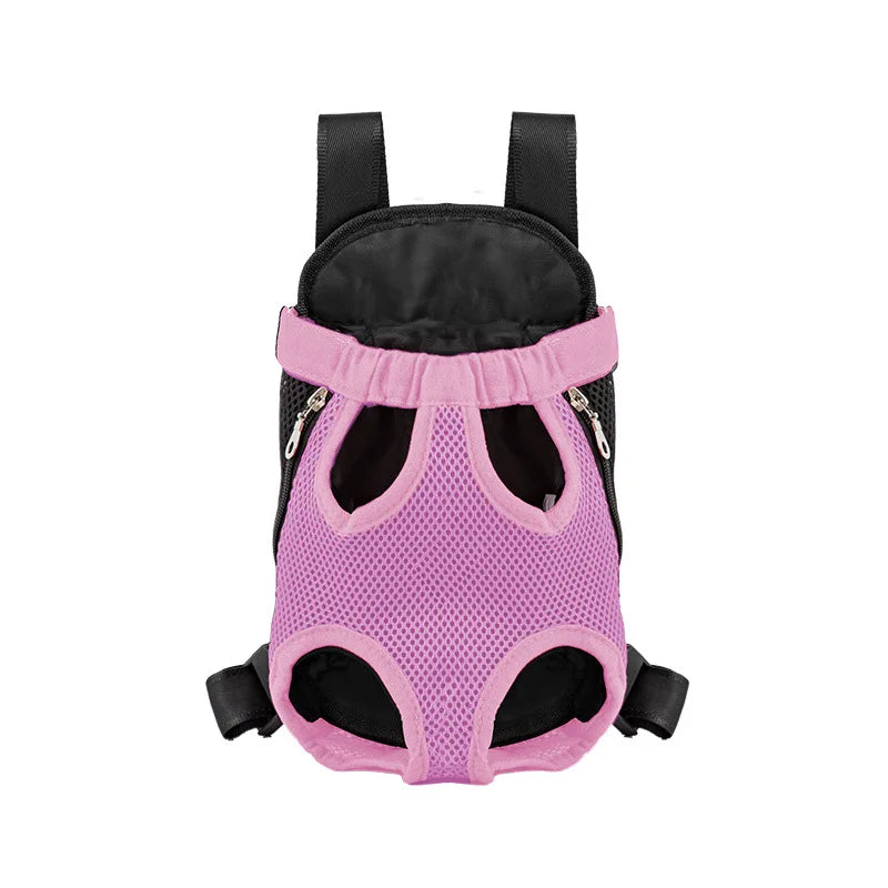 Blue breathable double-shoulder pet carrier backpack by FanzyMarket, featuring mesh front and back for small dogs and cats.