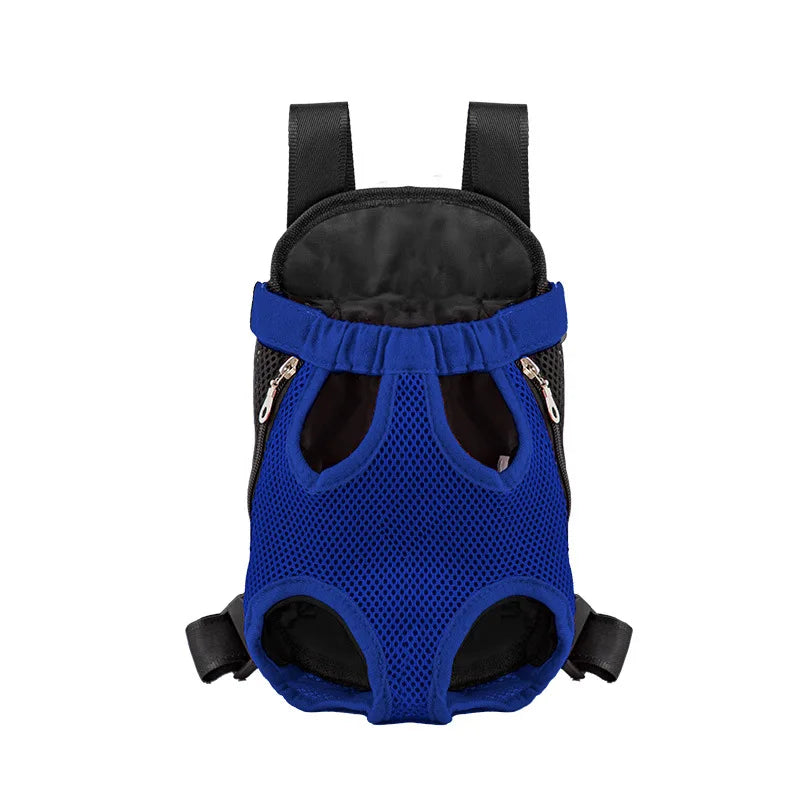 Blue FanzyMarket breathable double-shoulder pet carrier backpack with mesh front for small dogs and cats, portable travel pet carrier.