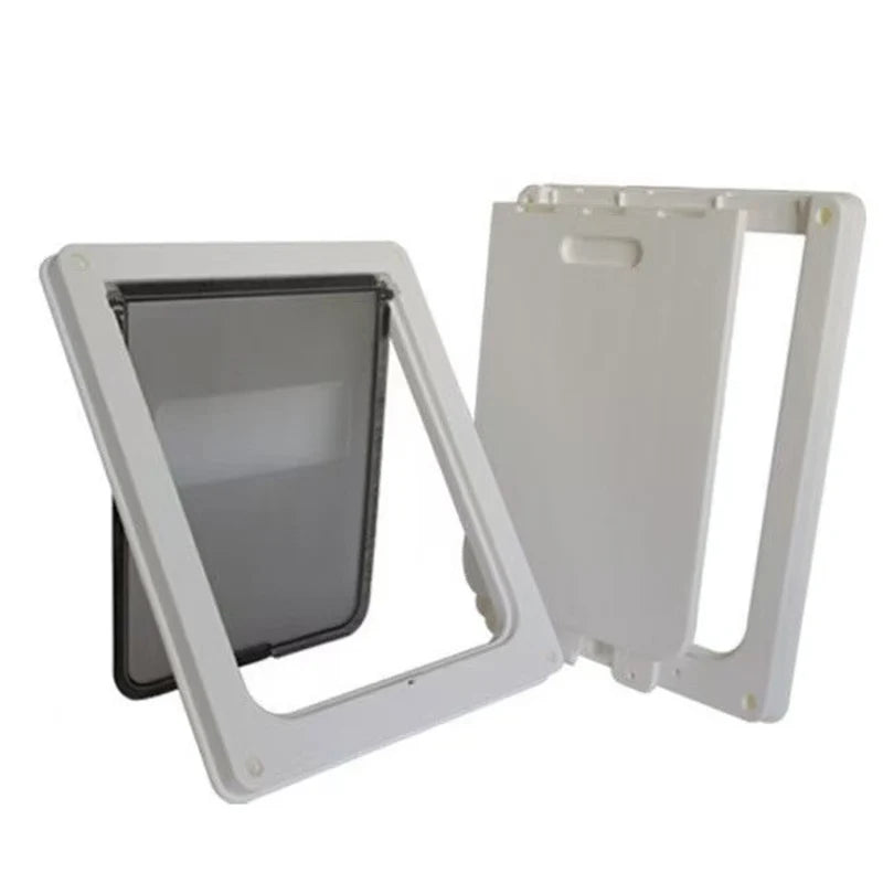 Lockable pet door with privacy flap, weatherproof dog and cat door, easy to install, available in small and large sizes.