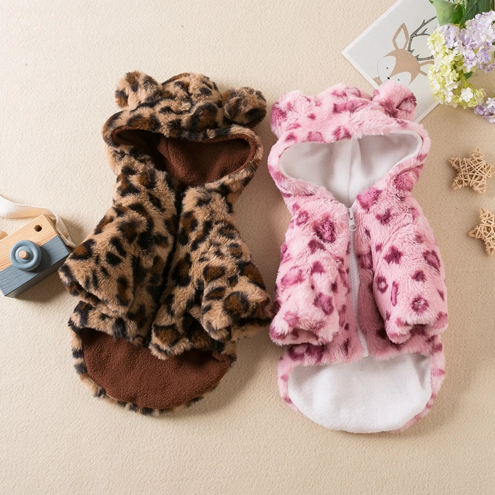 FanzyMarket leopard fleece dog hoodie coat for small dogs, French Bulldog and Chihuahua, warm winter pet apparel.