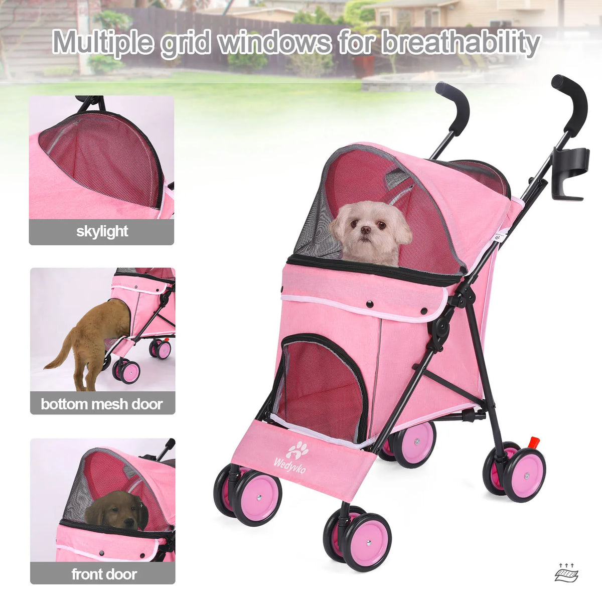 FanzyMarket 4-wheel pet stroller for dogs and cats with rotating front wheels, brakes, and storage for travel and outdoor use.