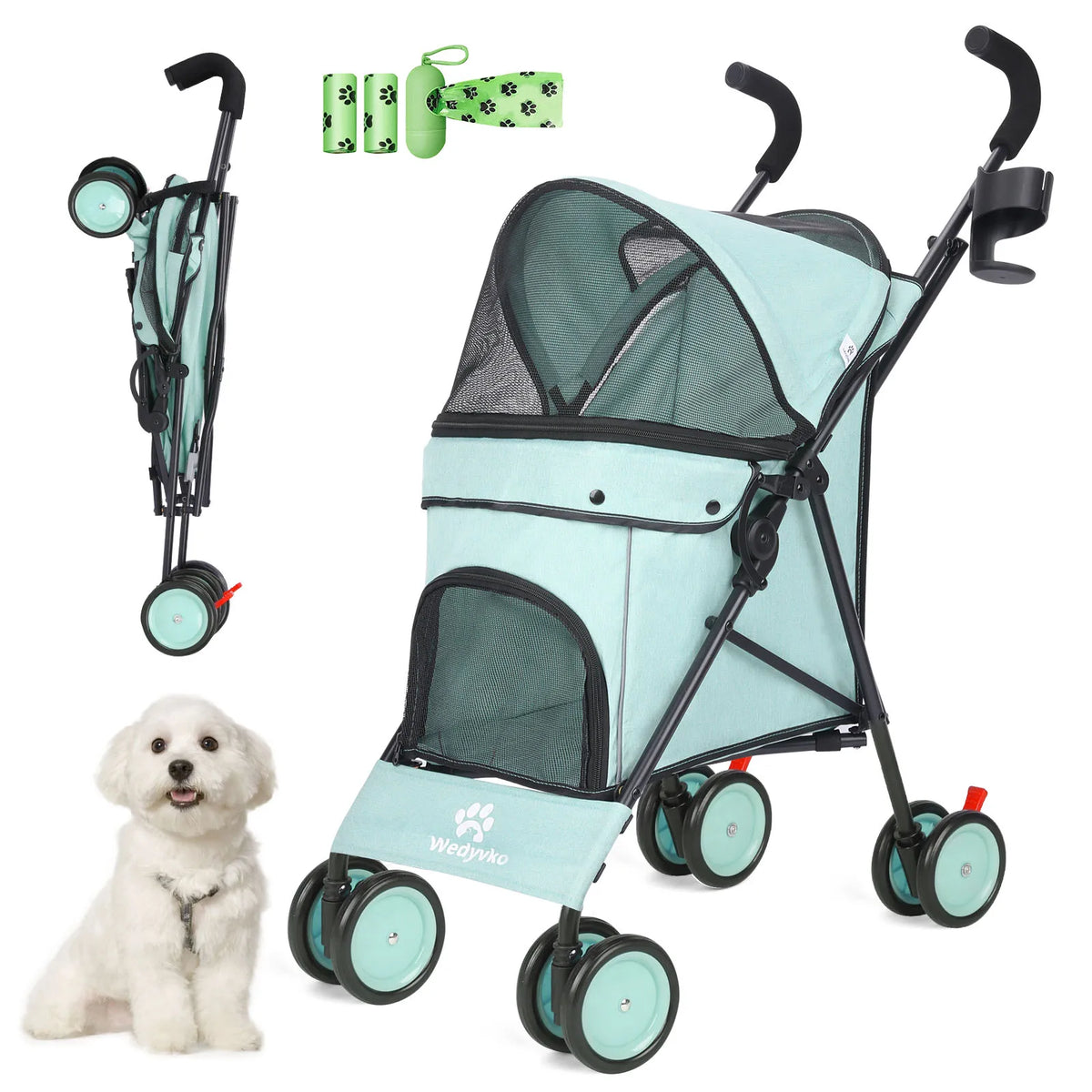 FanzyMarket 4-wheel pet stroller for dogs and cats with rotating front wheels, brakes, and storage for travel and outdoor use.