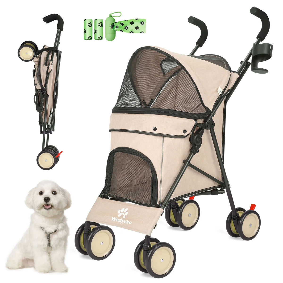 FanzyMarket 4-wheel pet stroller with rotating front wheels, brakes, and storage for dogs and cats, ideal for travel and outdoor use.