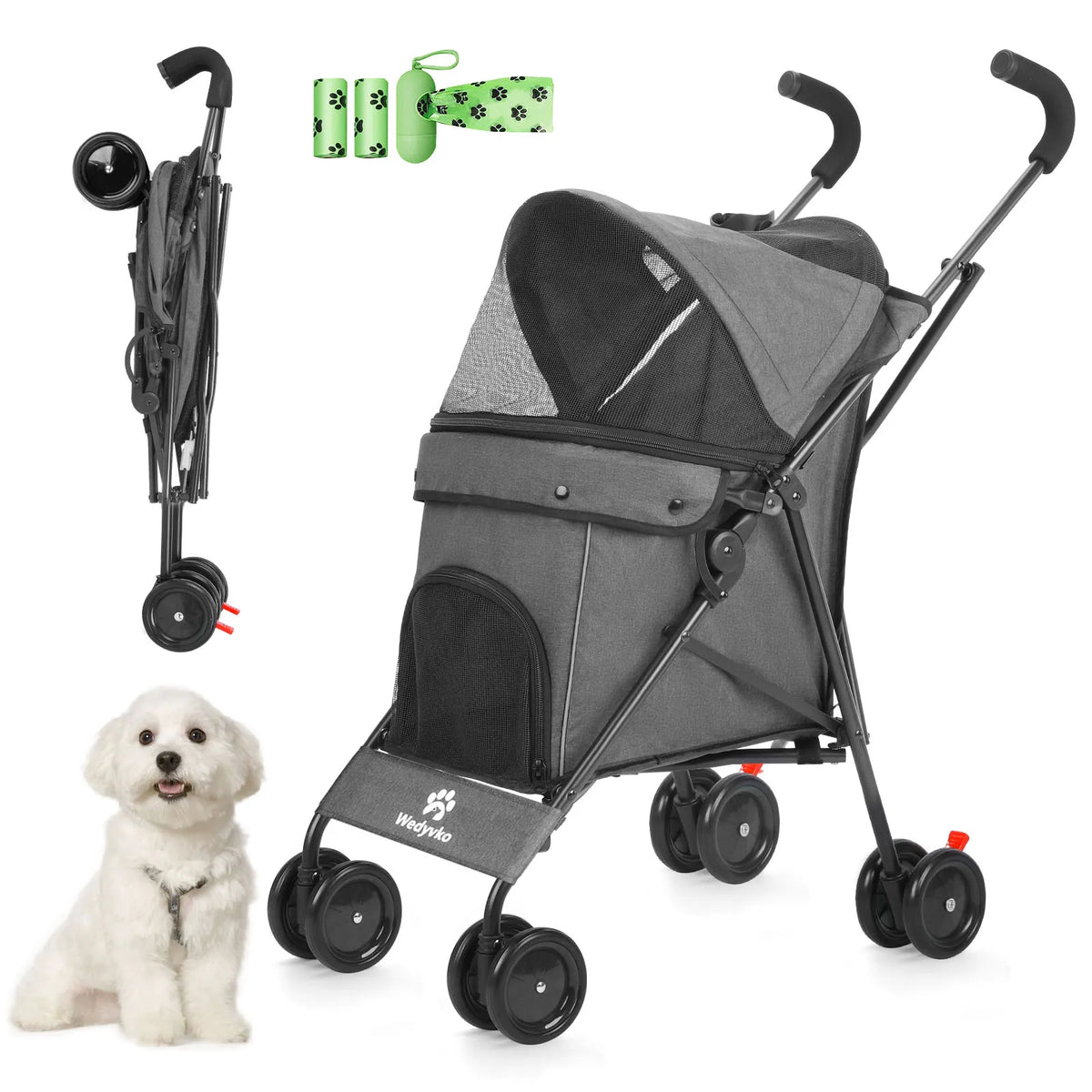 FanzyMarket 4-wheel pet stroller for dogs and cats with rotating front wheels, brakes, and storage for travel and outdoor use.