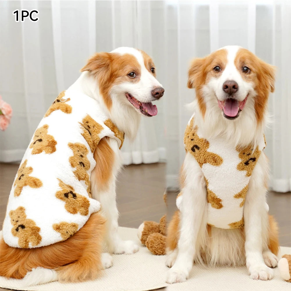 FanzyMarket warm flannel winter coat for dogs and cats, showing color dots, available in sizes M to 7XL for pets 2.5 to 35 kg.