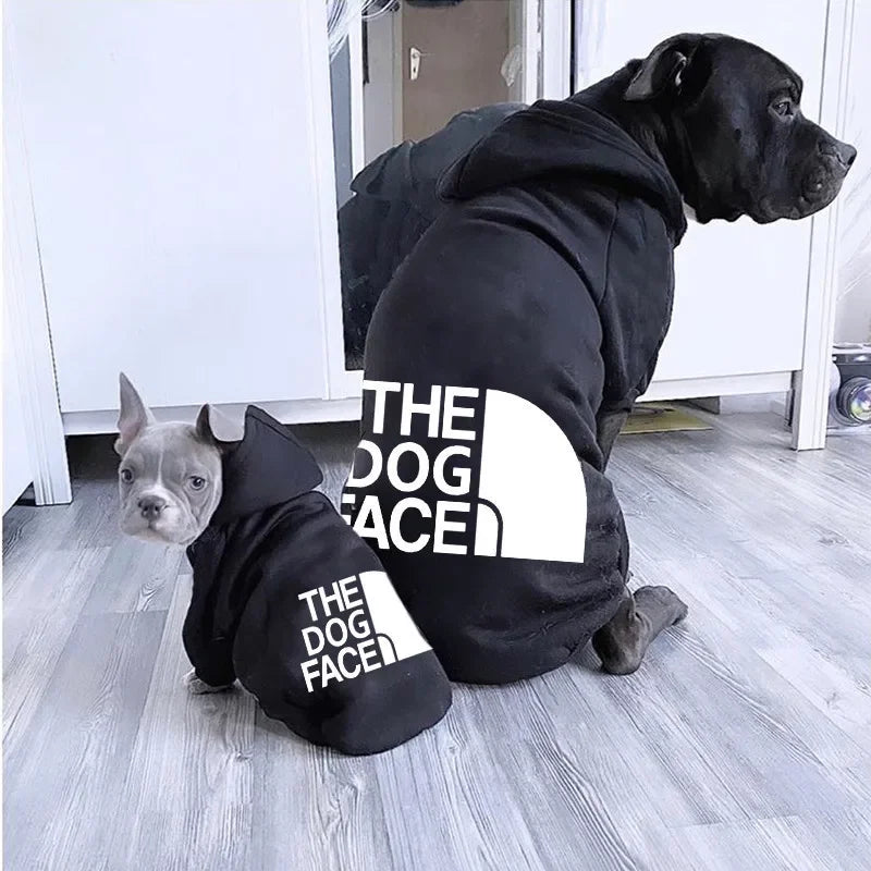Large dog hoodie with autumn winter dog face text pattern, suitable for French Bulldogs and Labradors, by FanzyMarket.
