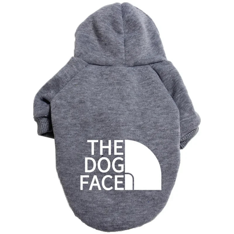 Large dog hoodie with autumn winter dog face text pattern for French Bulldog and Labrador, from FanzyMarket pet apparel.