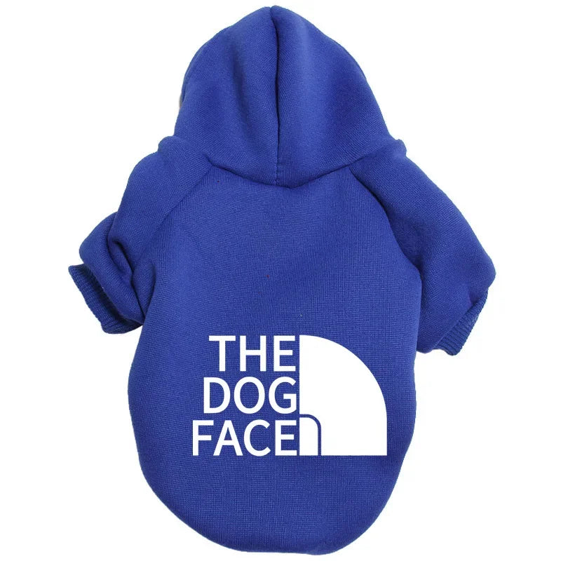 Large dog hoodie by FanzyMarket featuring autumn winter dog face text pattern for French Bulldog and Labrador, cozy pet jacket.