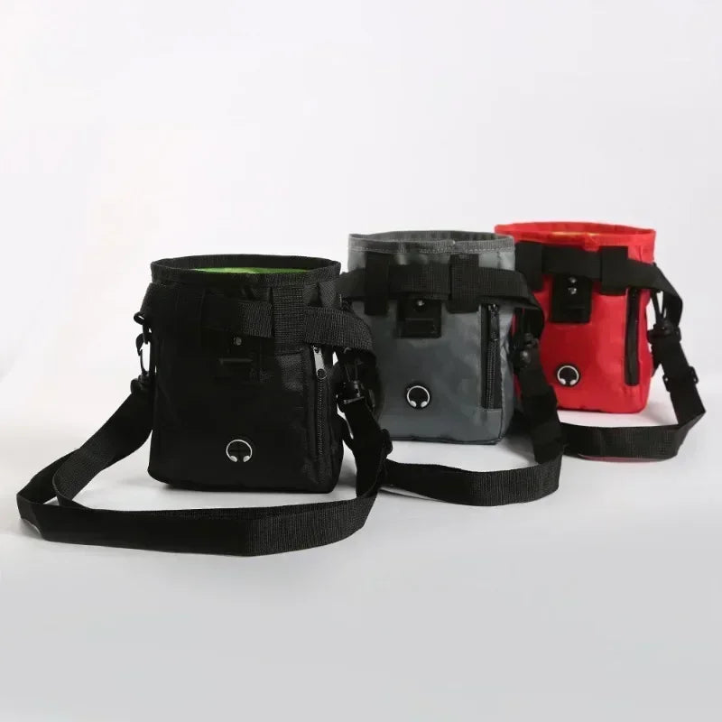 Gray portable foldable treat pouch for dogs and cats, FanzyMarket waist bag with Oxford fabric, hands-free snack carrier.