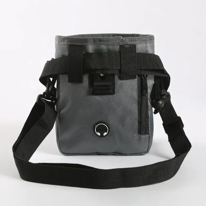Gray portable foldable treat pouch for dogs and cats, FanzyMarket waist bag for hands-free training and snacks.