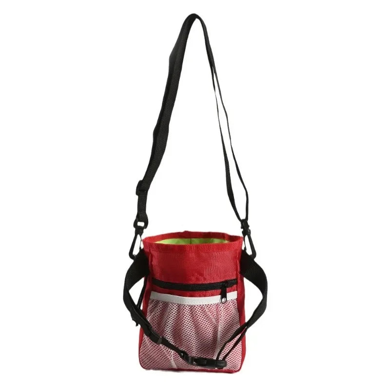Gray portable foldable dog and cat training treat pouch waist bag made of Oxford fabric, hands-free snack carrier for pets.