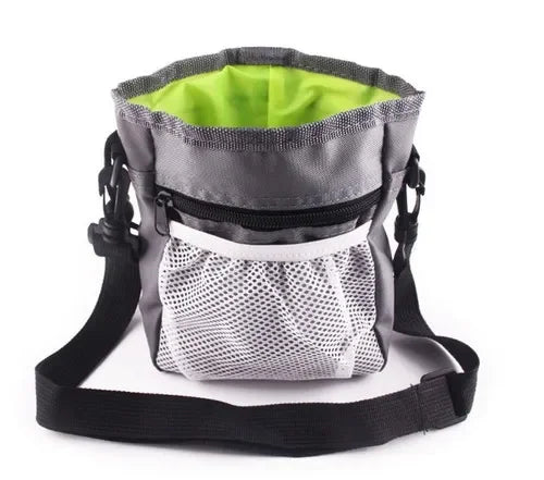 Gray portable foldable dog and cat treat pouch waist bag by FanzyMarket, Oxford snack carrier for hands-free training.