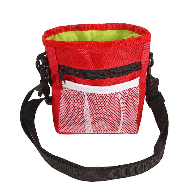 Gray portable foldable dog and cat training treat pouch waist bag, hands-free Oxford snack carrier for pets.