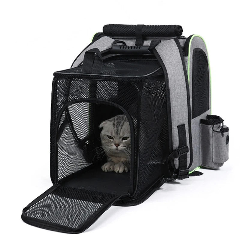 Grayish-green FanzyMarket expandable cat carrier backpack with shade cover and breathable mesh for pet travel and hiking.
