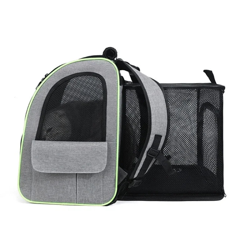 Grayish-green FanzyMarket expandable cat carrier backpack with shade cover and breathable mesh for pet travel and hiking.