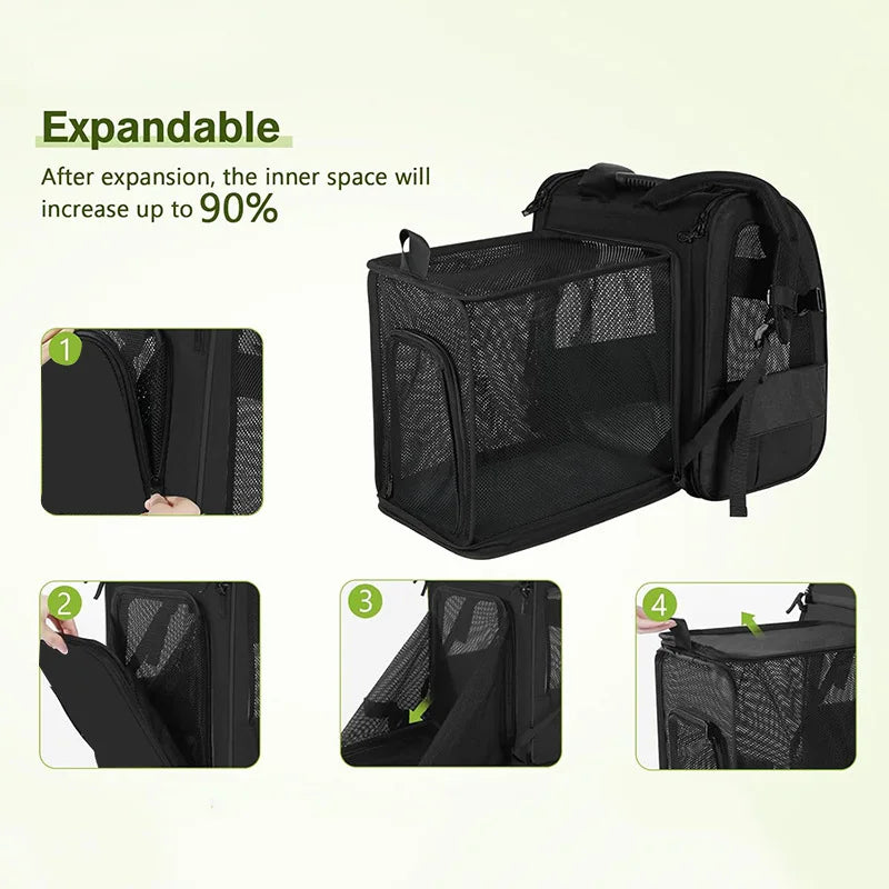 FanzyMarket expandable cat carrier backpack with shade cover, breathable mesh for pet travel and hiking in grayish-green color.