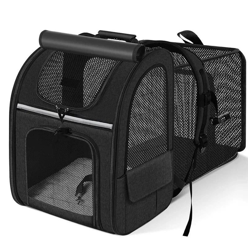 FanzyMarket expandable cat carrier backpack with shade cover and breathable mesh for pet travel and hiking. Grayish-green color.