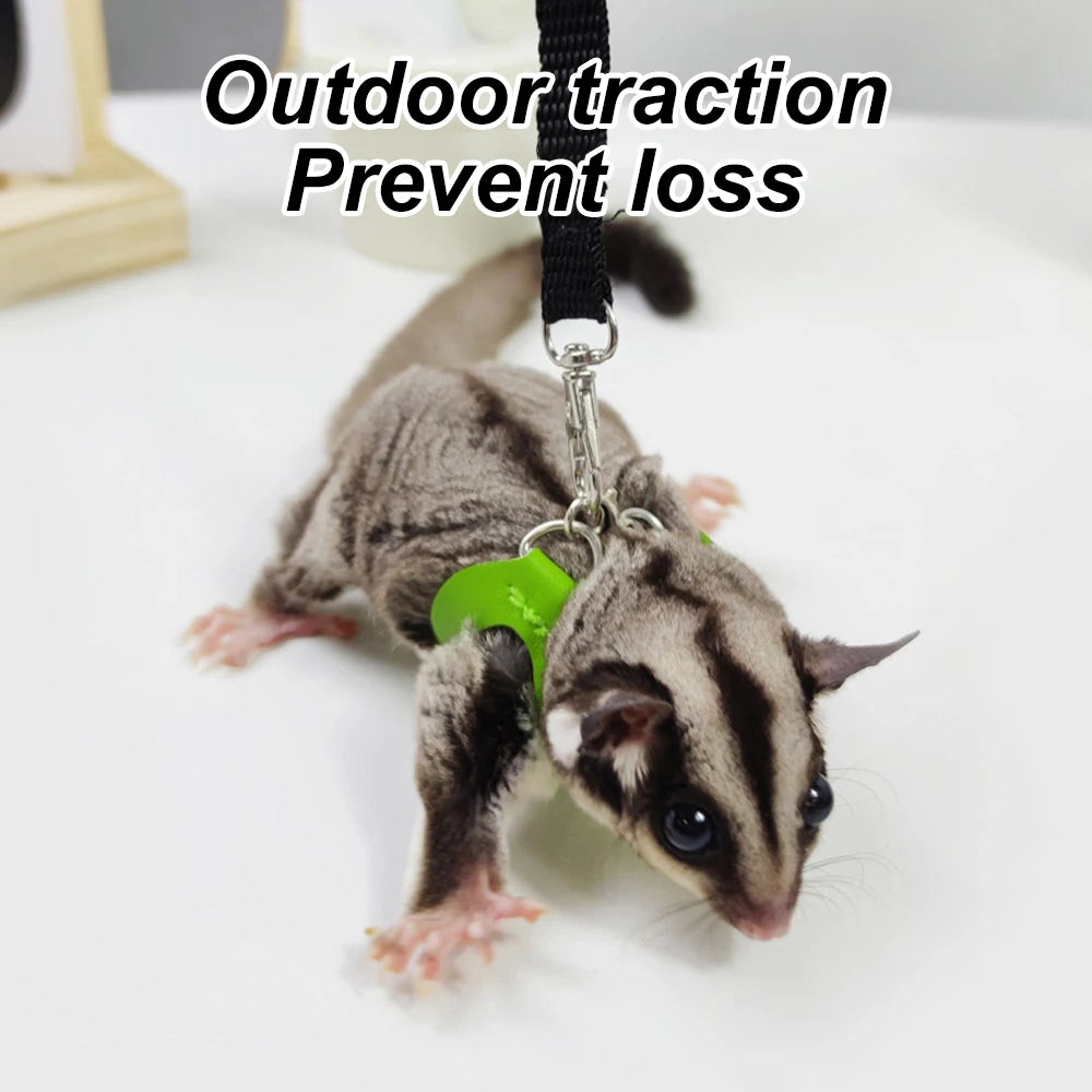 FanzyMarket 4-pack small pet harness and leash set with adjustable, escape-proof collars for hamsters, sugar gliders, and squirrels.
