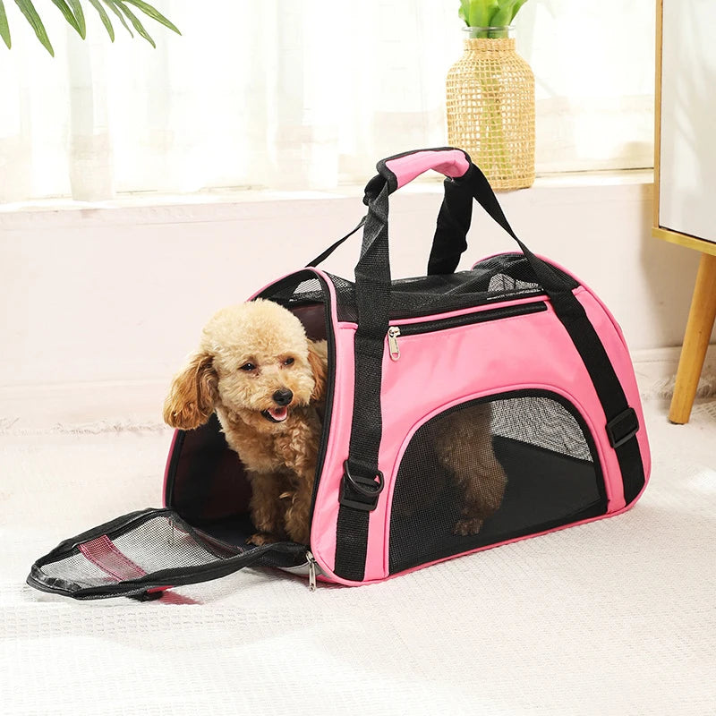 Green portable mesh pet carrier by FanzyMarket for cats and small dogs, foldable, breathable travel handbag with handles.