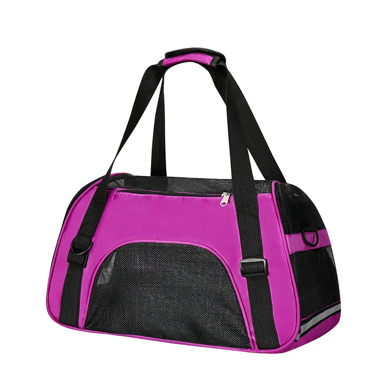 FanzyMarket portable mesh pet carrier for cats and small dogs, breathable foldable travel handbag with handles.