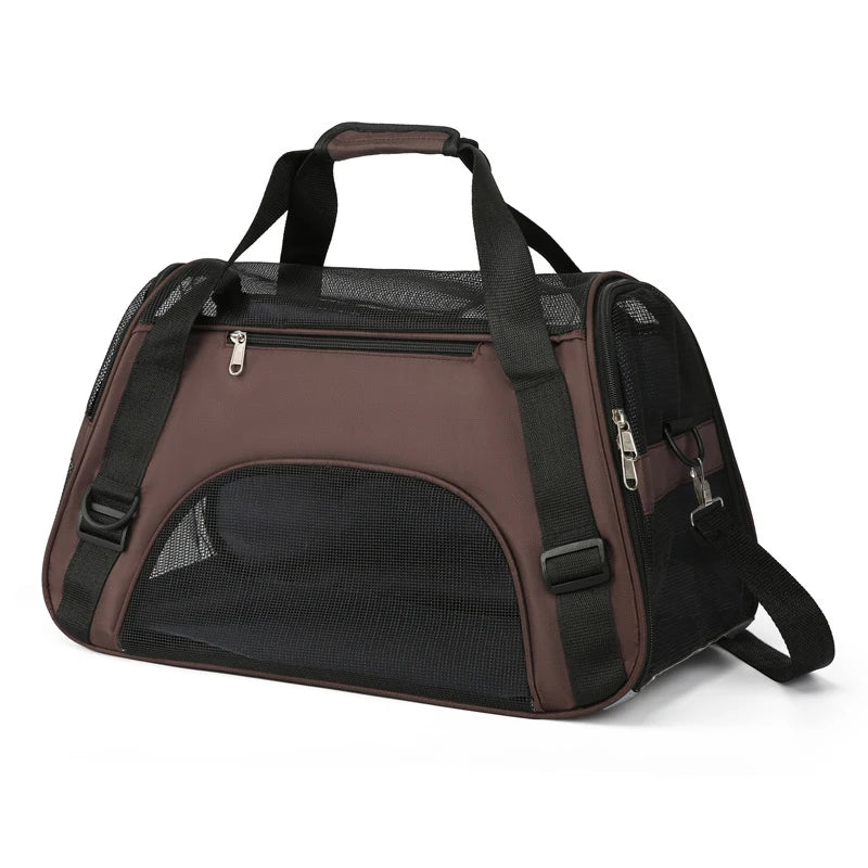 Green portable mesh pet carrier for cats and small dogs, breathable and foldable travel handbag by FanzyMarket.