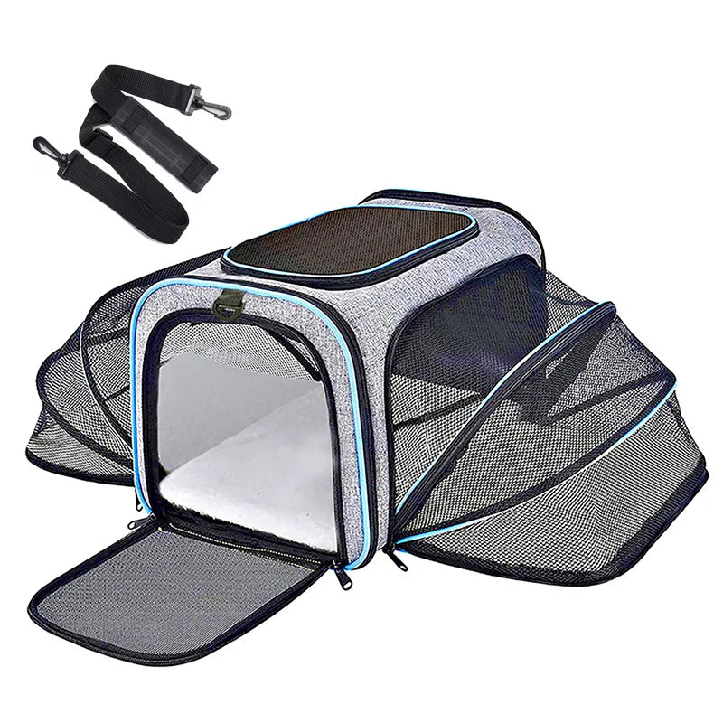 FanzyMarket foldable mesh pet carrier for cats and small dogs, soft-sided, expandable, breathable travel tote with handle.
