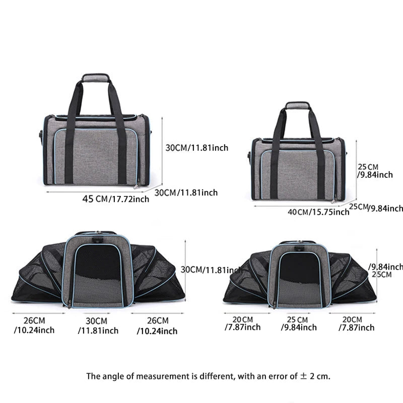 FanzyMarket foldable mesh pet carrier for cats and small dogs, soft-sided, expandable, breathable, handheld travel tote.