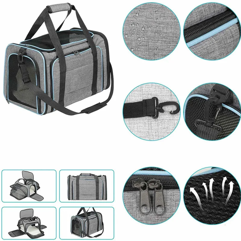 FanzyMarket foldable mesh pet carrier for cats and small dogs, soft-sided, expandable, breathable tote for travel and comfort.
