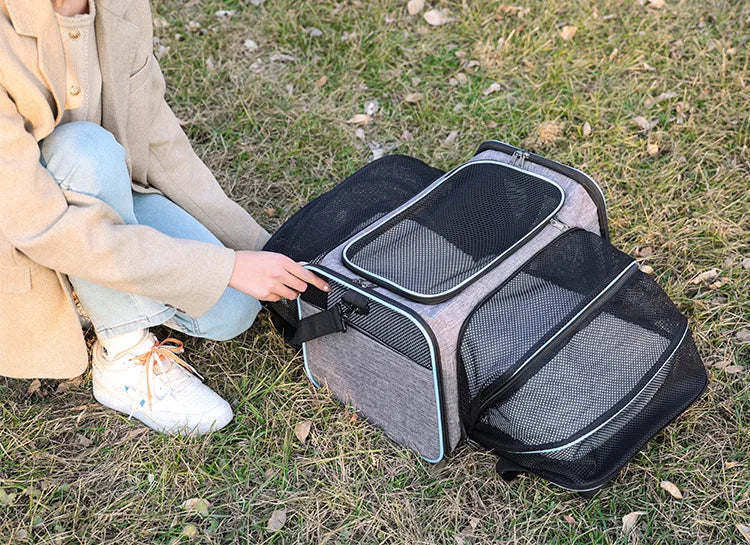 FanzyMarket foldable mesh pet carrier for cats and small dogs, soft-sided, breathable, expandable travel tote with handle.