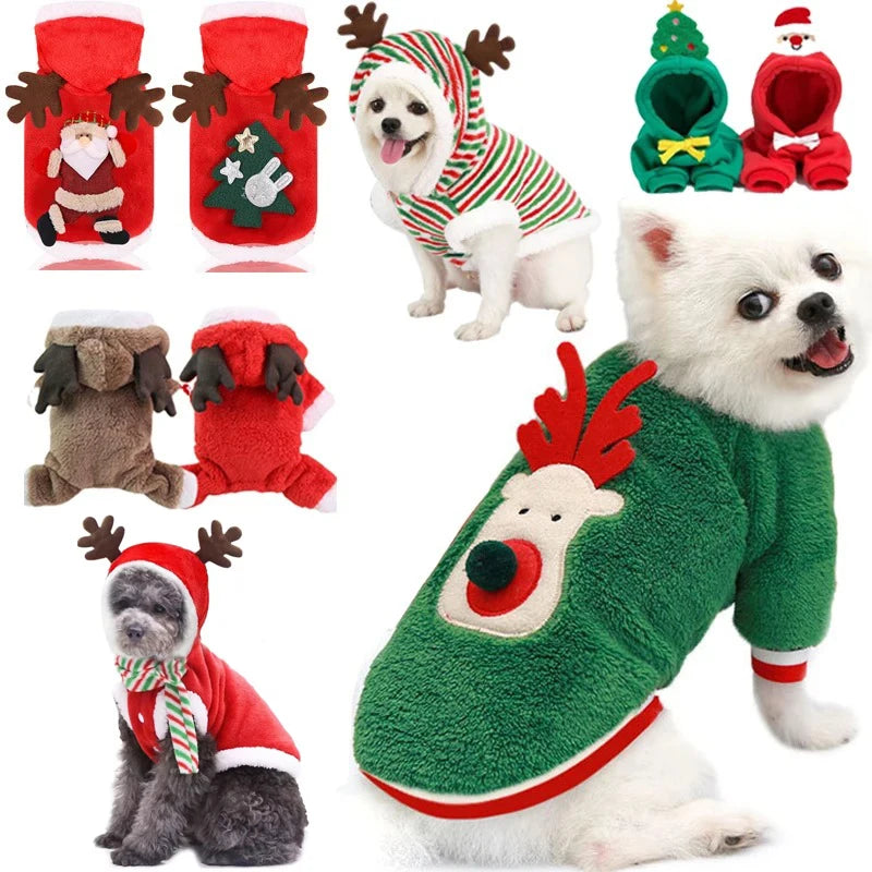 Green Christmas dog hoodie with reindeer and Santa designs, fleece coat for small to medium dogs, FanzyMarket pet apparel.