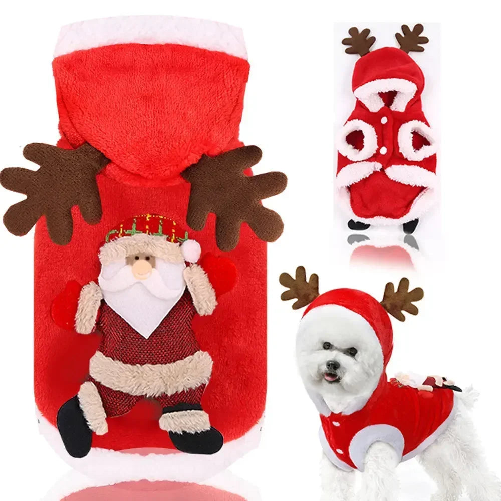 FanzyMarket Christmas dog hoodie with reindeer and Santa fleece coat, warm winter pet jacket for small to medium dogs in XS-2XL.