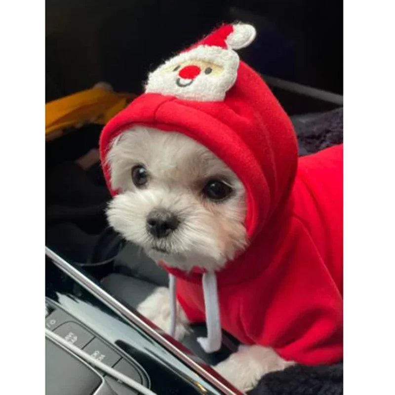 FanzyMarket Christmas dog hoodie with reindeer and Santa design, warm fleece coat for small to medium dogs, winter pet jacket.