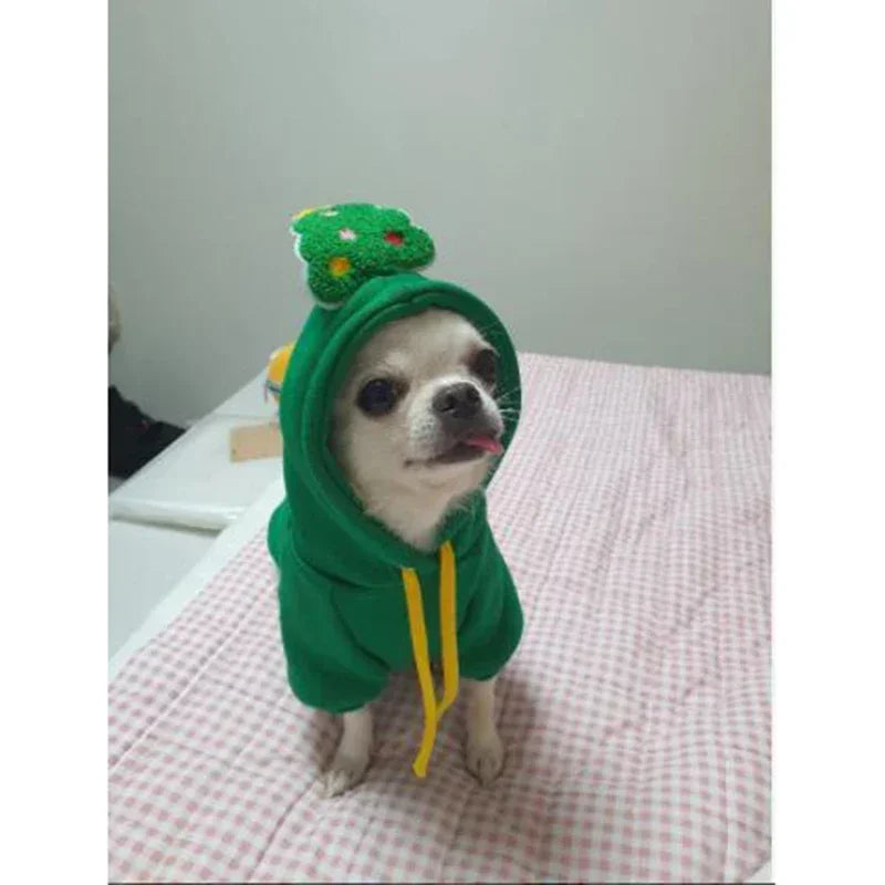 Green Christmas dog hoodie with reindeer and Santa design, warm fleece coat for small to medium dogs, FanzyMarket pet apparel