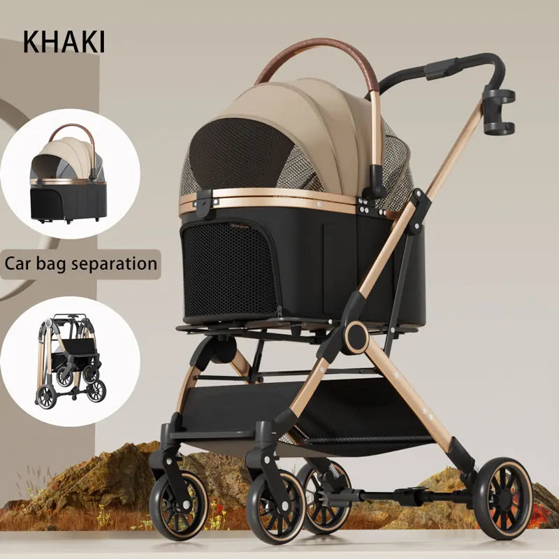 FanzyMarket 2-in-1 foldable pet stroller with detachable carrier bag, portable dog and cat cart for small pets in khaki color.