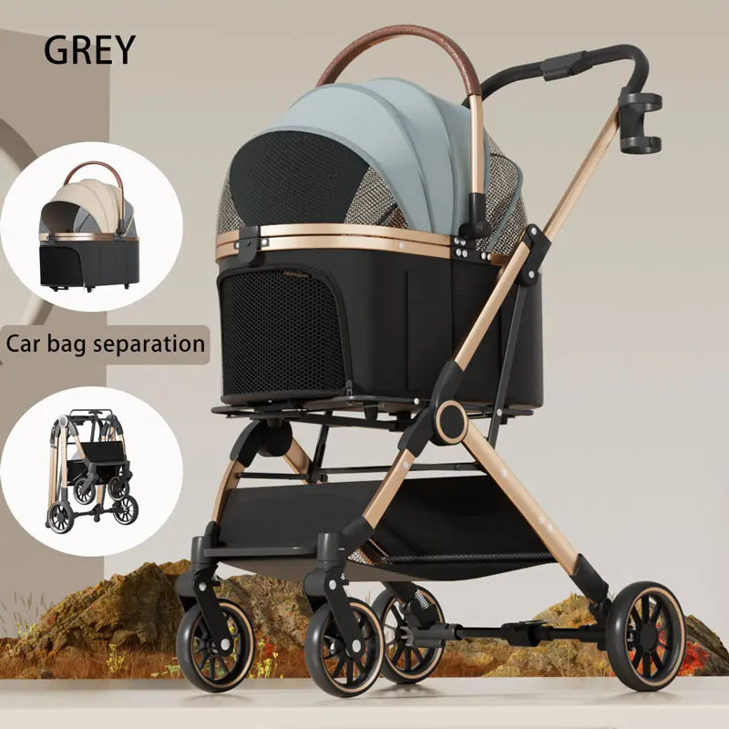 FanzyMarket 2-in-1 foldable pet stroller with detachable carrier bag, portable dog and cat cart for small pets in khaki.