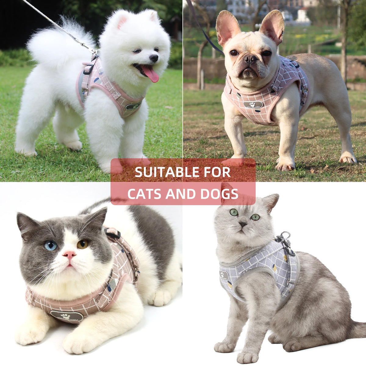 FanzyMarket adjustable breathable pet harness with reflective leash for puppies, small dogs, and cats, in khaki color.