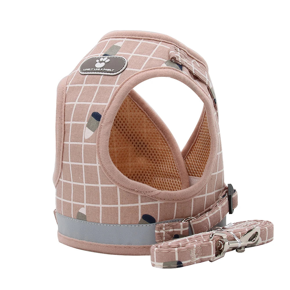 FanzyMarket adjustable breathable pet harness with reflective leash for puppies, small dogs, and cats, in khaki.